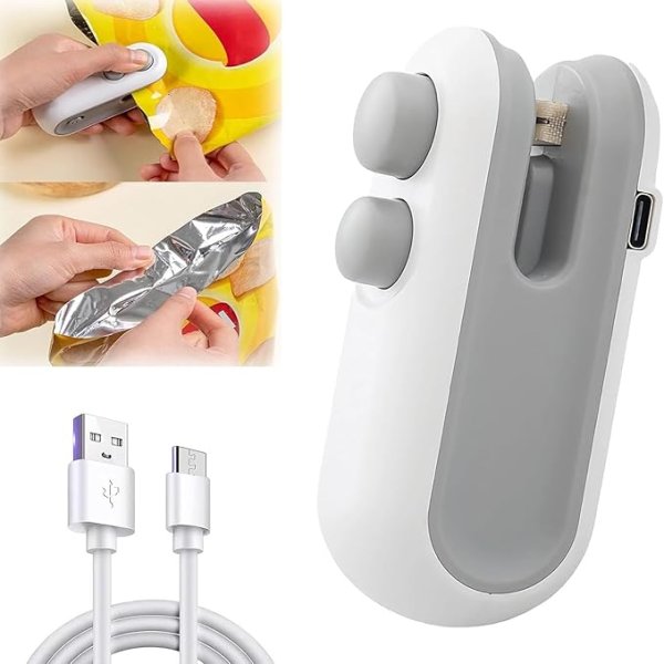 Mini Bag Sealer, 2 in 1 USB Rechargeable Bag Sealer Heat Seal Cutter, Rechargeable Mini Snack Bag Sealer, Portable Resealer Machine for Plastic Bags Food Storage Snacks Freshness